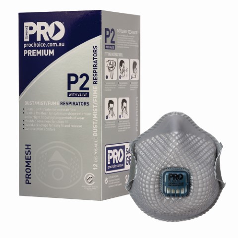 MESH P2 RESPIRATOR WITH VALVE TO AUSTRALIAN STANDARD. BOX OF 12 MASKS